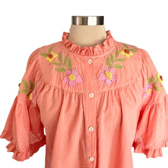 Ivy Jane Button Down Boho Top MED Floral Embroidered Ruffled Bell Sleeve Cottage - Picture 6 of 10